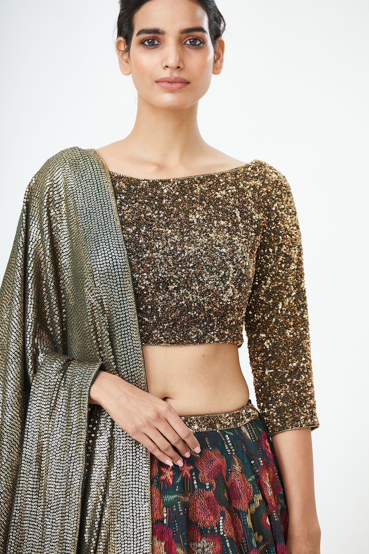 Lehenga Set in Ikkat Motifs Thread Embroidery