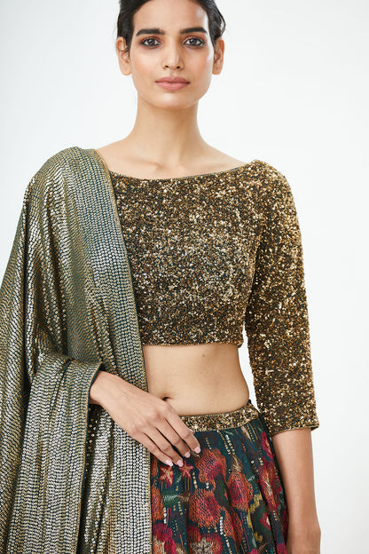 Lehenga Set in Ikkat Motifs Thread Embroidery