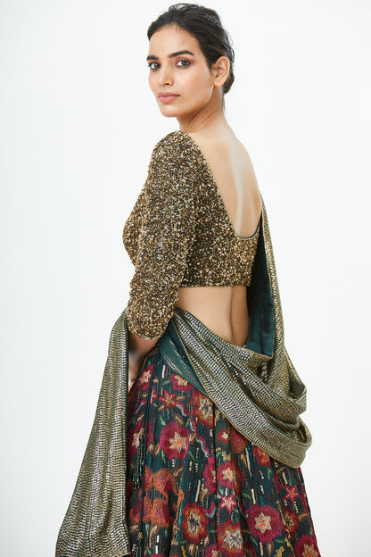Lehenga Set in Ikkat Motifs Thread Embroidery