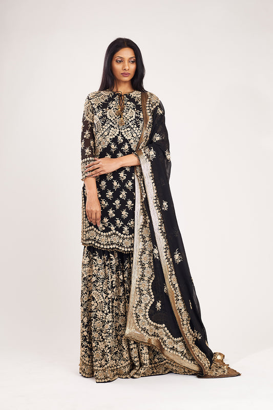Gharara Set in Old World Ivory Thread Floral embroidery