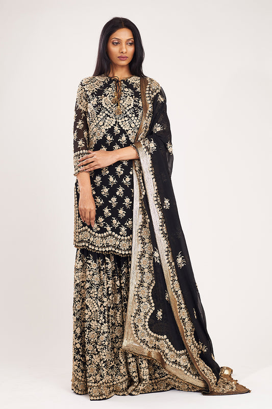 Gharara Set in Old World Ivory Thread Floral embroidery