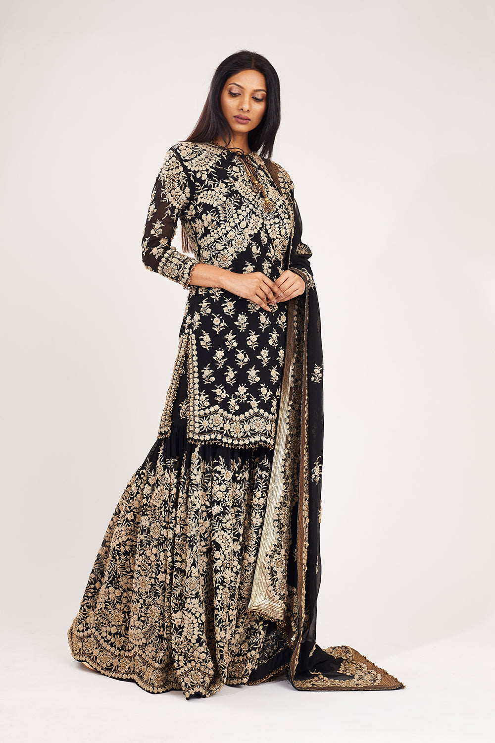 Gharara Set in Old World Ivory Thread Floral embroidery