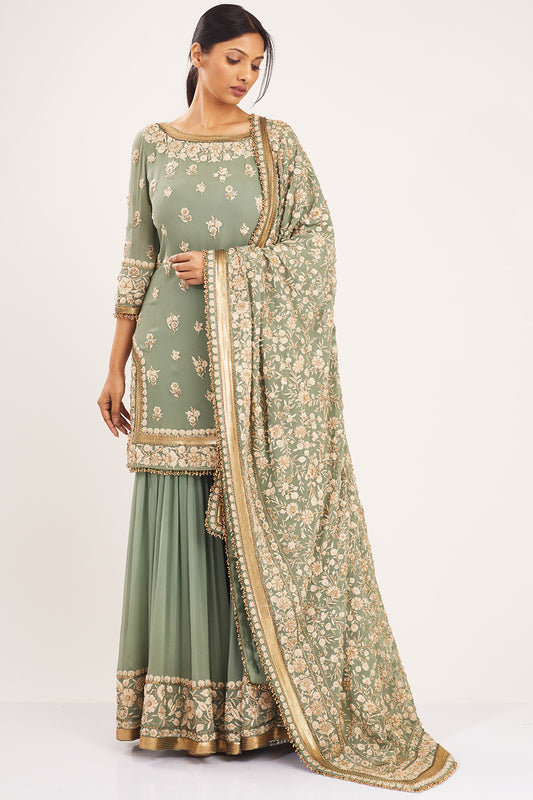 Gharara Set in Old World Ivory Thread Floral Embroidery