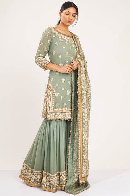 Gharara Set in Old World Ivory Thread Floral Embroidery