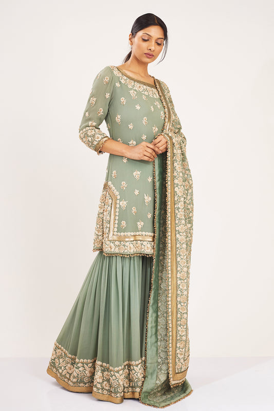 Gharara Set in Old World Ivory Thread Floral Embroidery