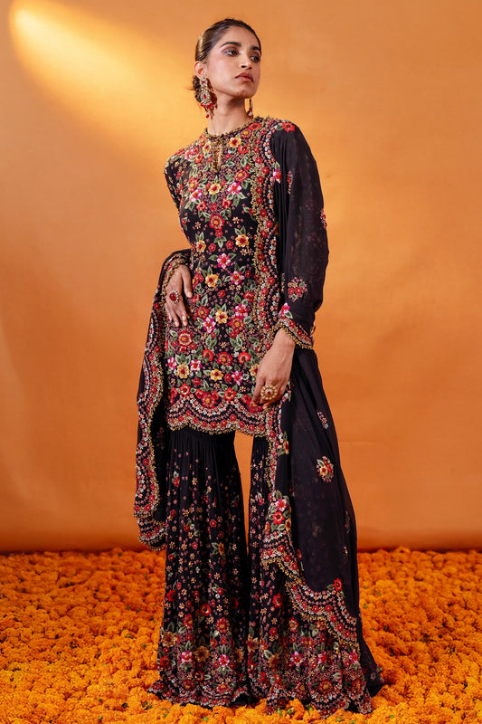 Gharara Set with Floral Multi Thread Embroidery