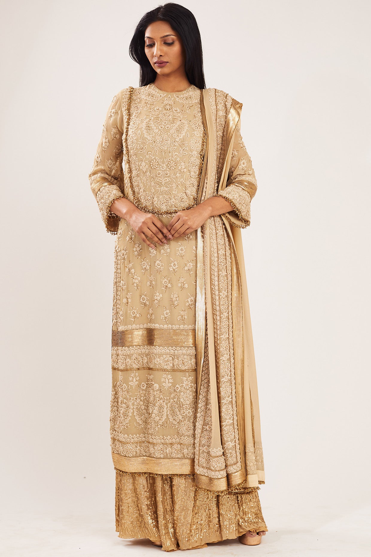 Kurta Set in Old World Ivory Thread  Embroidery