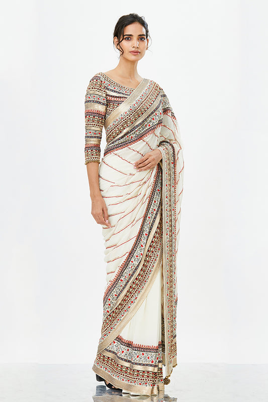 Sari Set in Tribal Thread Embroidery with Gold Sequins