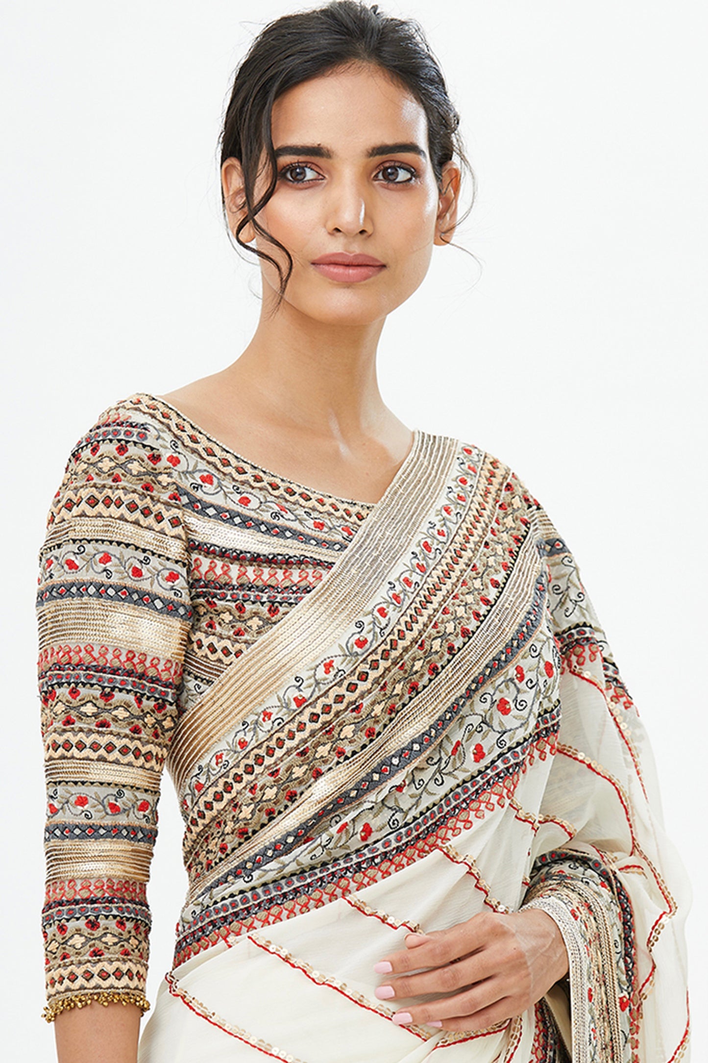 Sari Set in Tribal Thread Embroidery with Gold Sequins