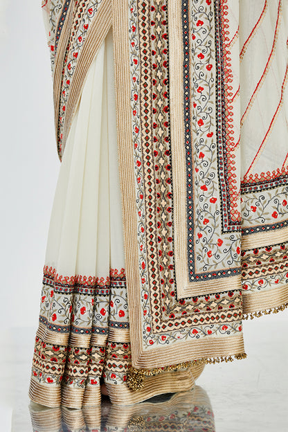 Sari Set in Tribal Thread Embroidery with Gold Sequins