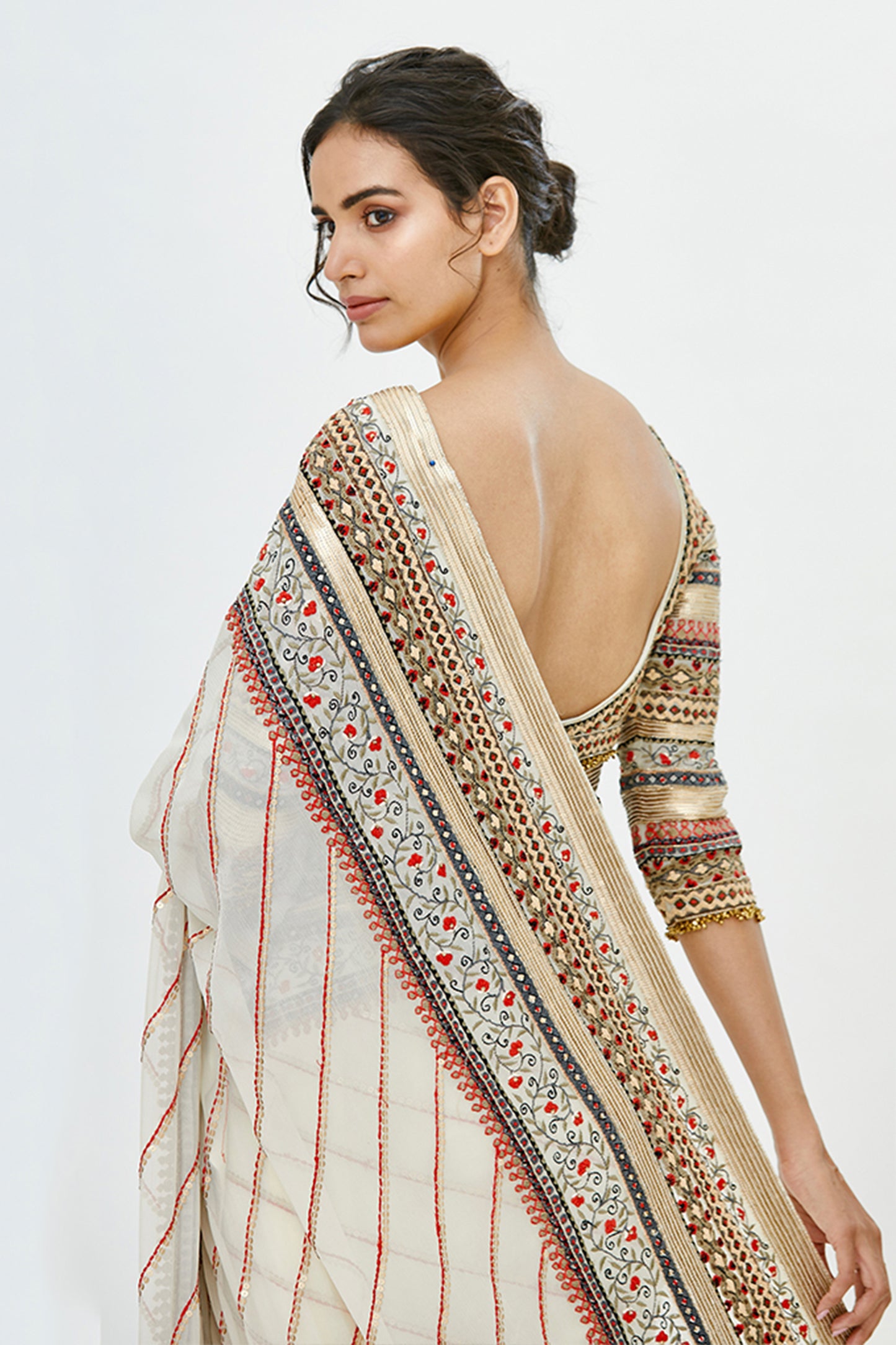 Sari Set in Tribal Thread Embroidery with Gold Sequins