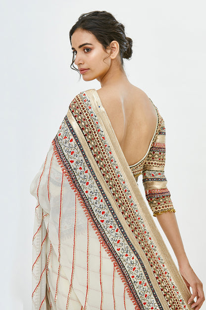 Sari Set in Tribal Thread Embroidery with Gold Sequins