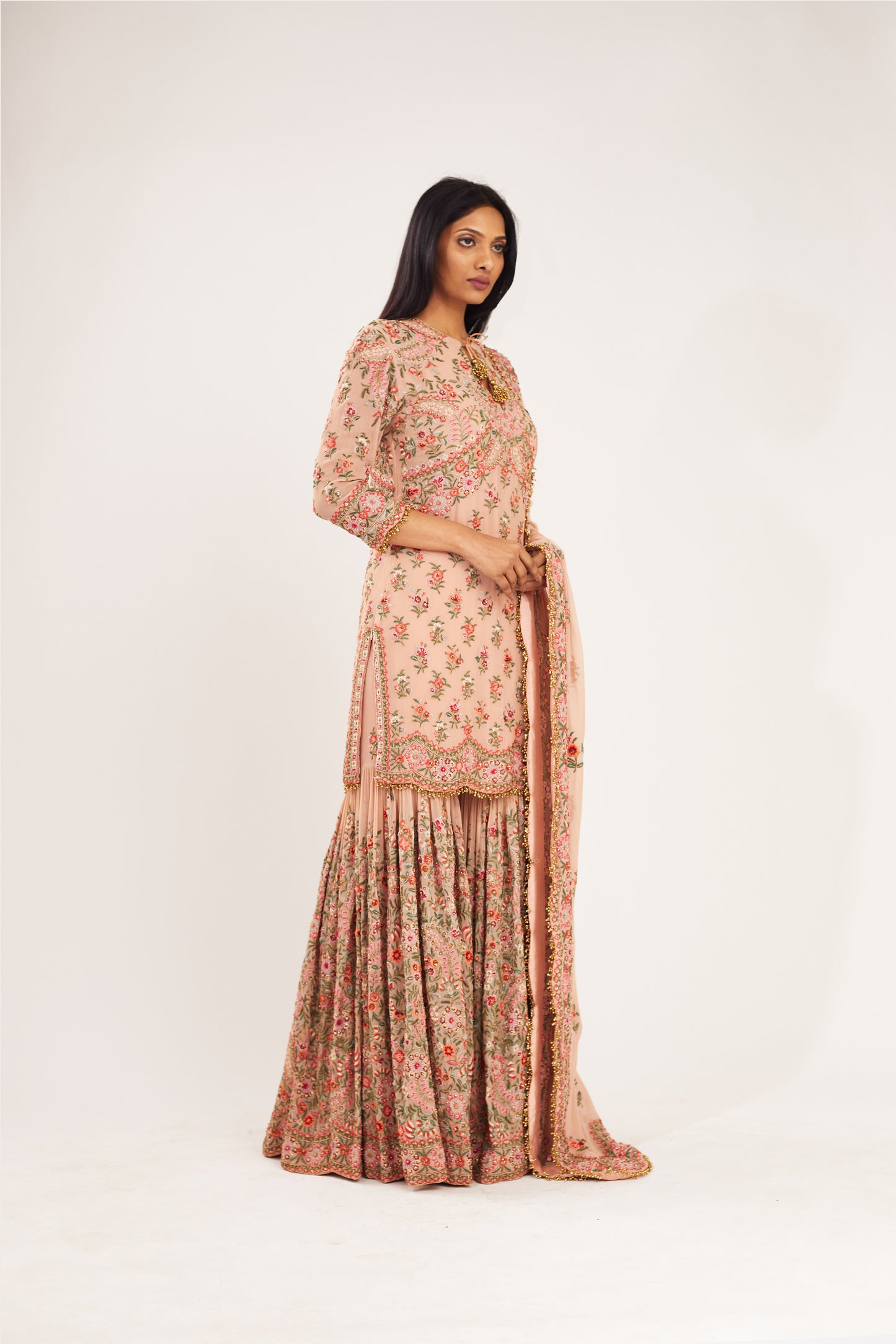 Gharara Set in Floral Thread Embroidery
