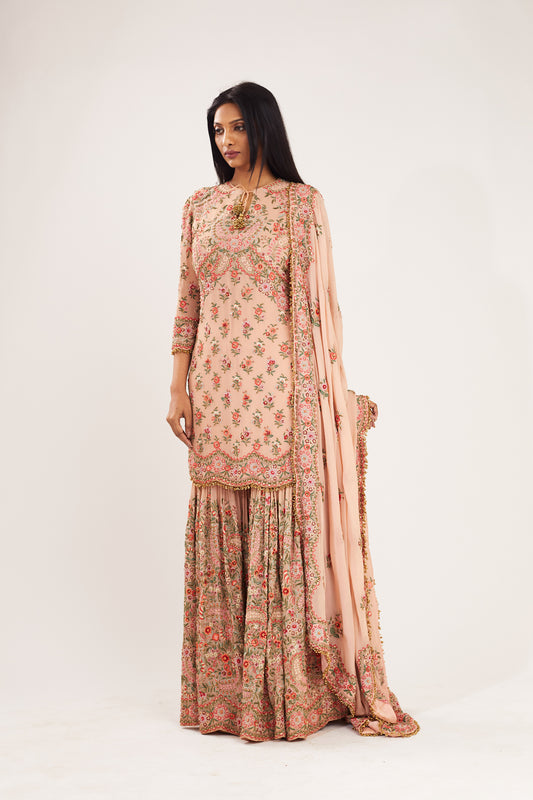 Gharara Set in Floral Thread Embroidery