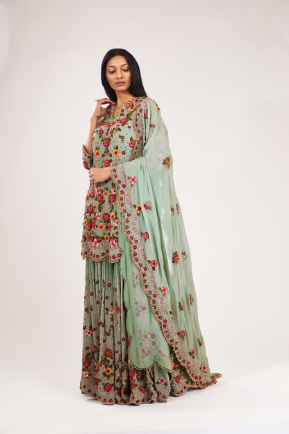 Gharara Set in Floral Multi Thread Embroidery