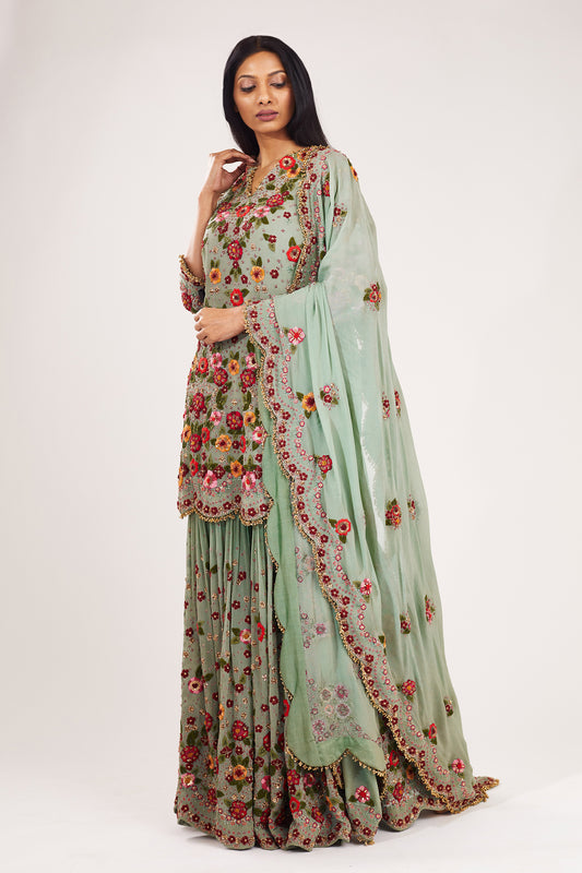 Gharara Set in Floral Multi Thread Embroidery