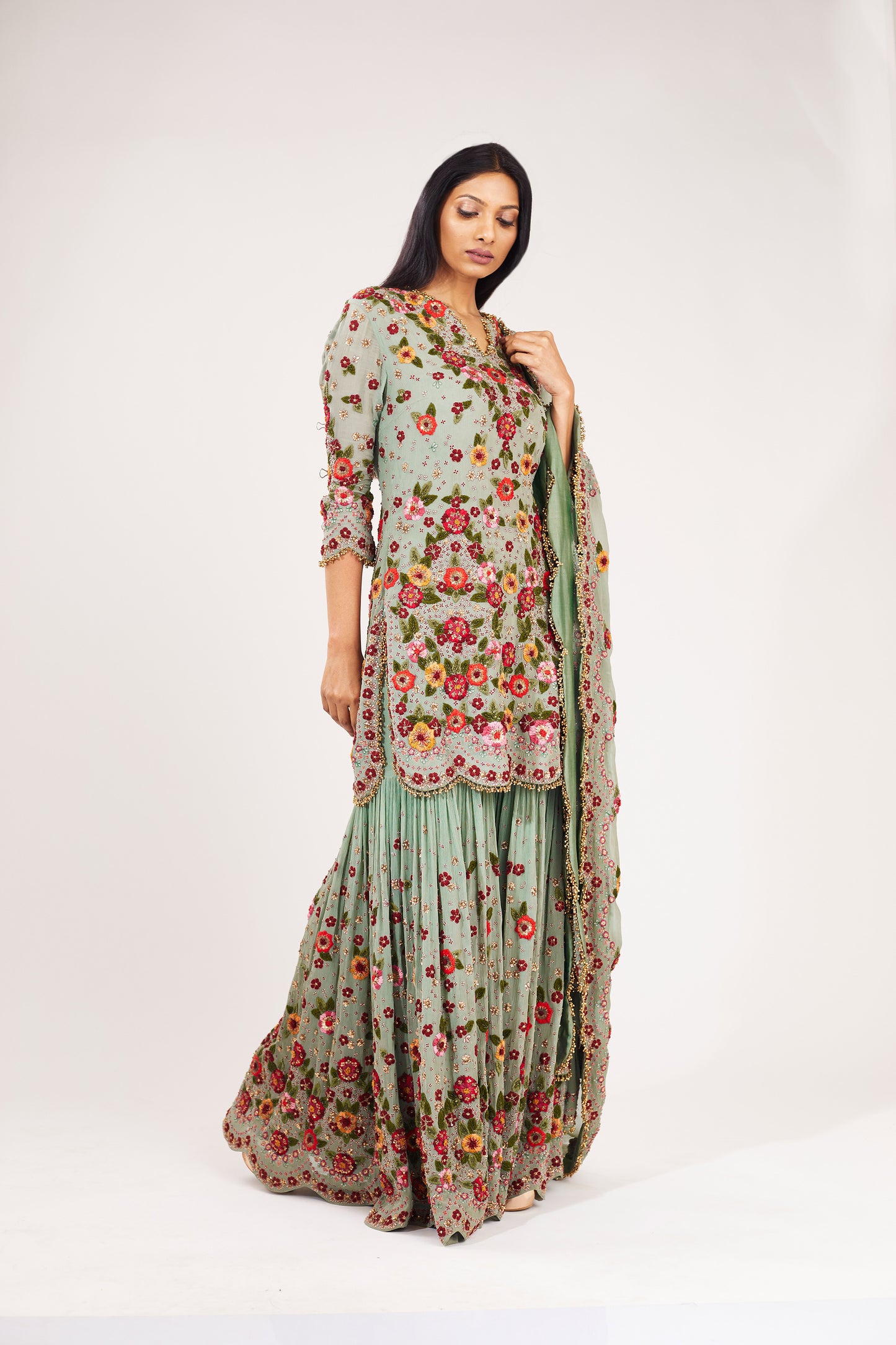 Gharara Set in Floral Multi Thread Embroidery
