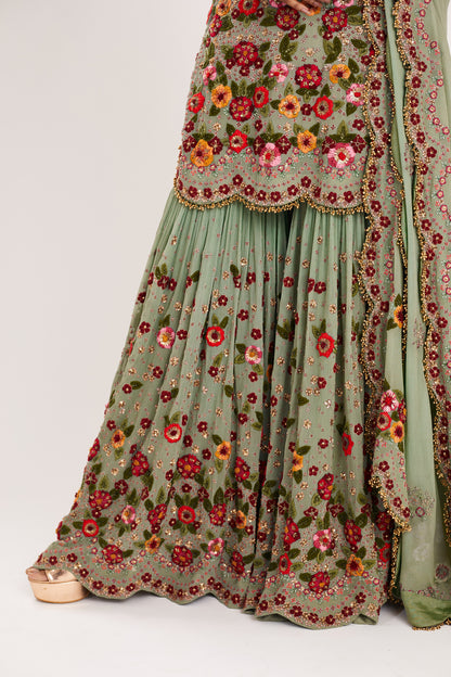 Gharara Set in Floral Multi Thread Embroidery