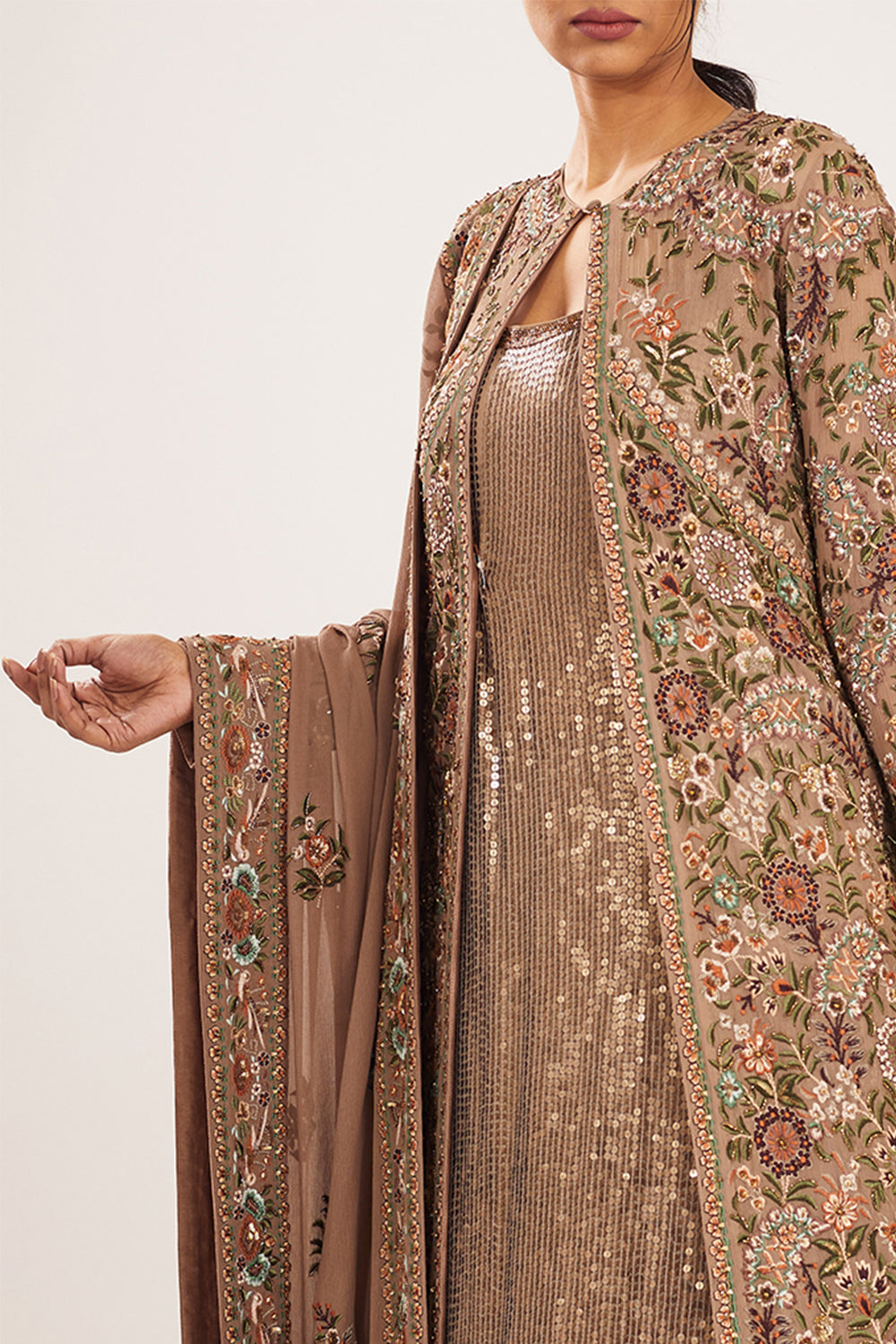 Jacket Set in Intricate Floral Thread Embroidery