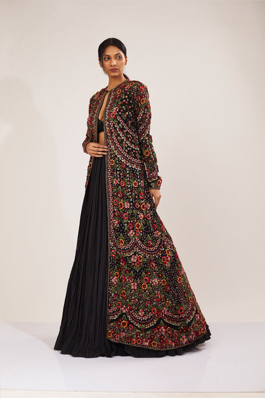 Jacket Set in Floral Multi Thread Embroidery