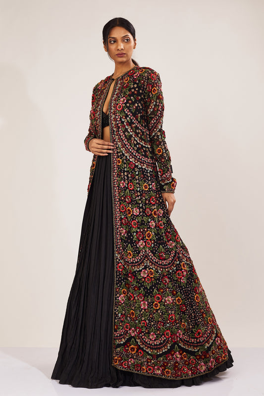 Jacket Set in Floral Multi Thread Embroidery