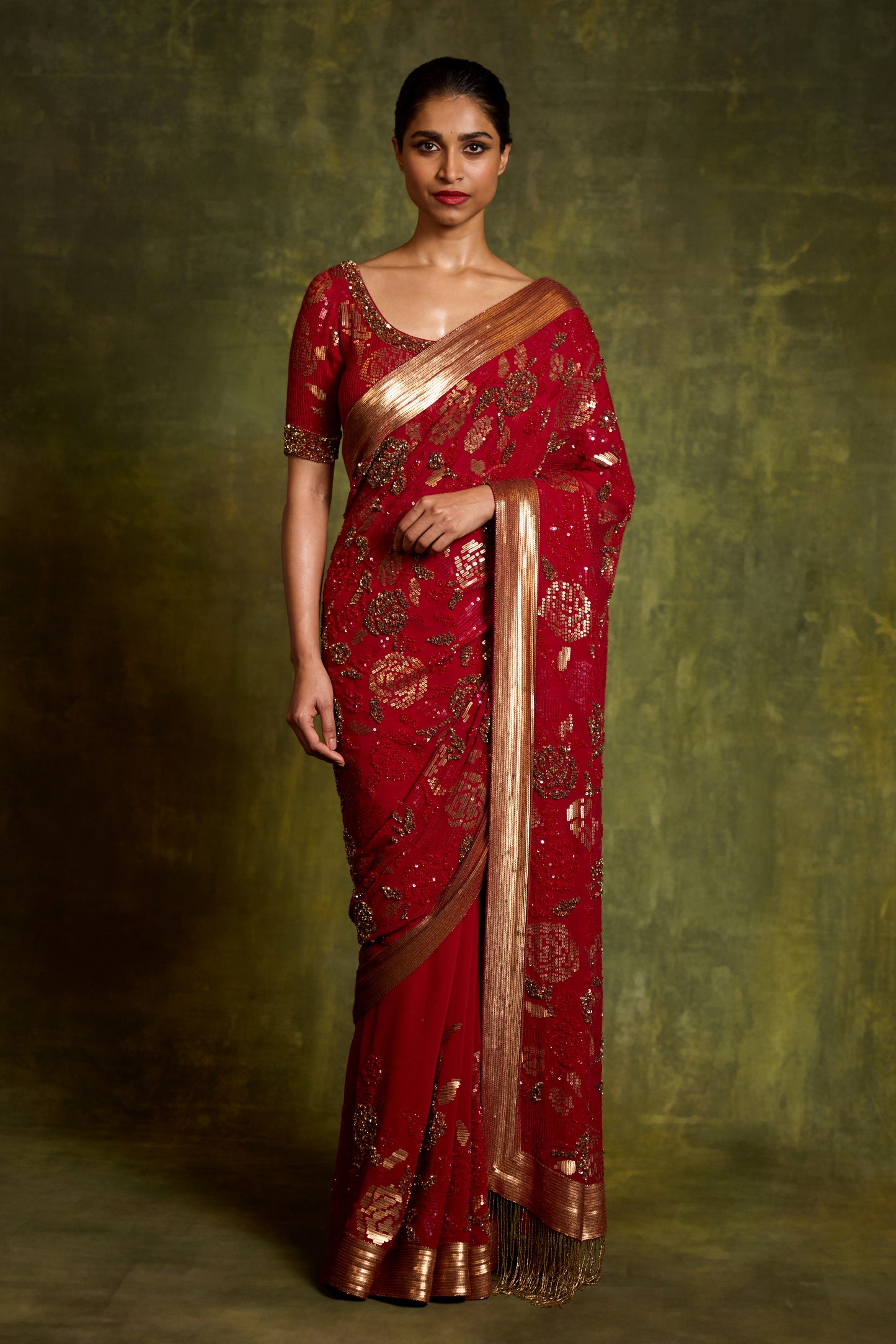 Sari Set in Signature Rose Sequin Embroidery