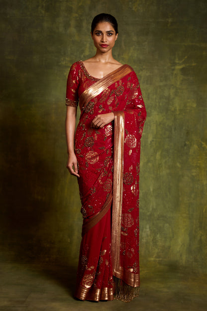 Sari Set in Signature Rose Sequin Embroidery