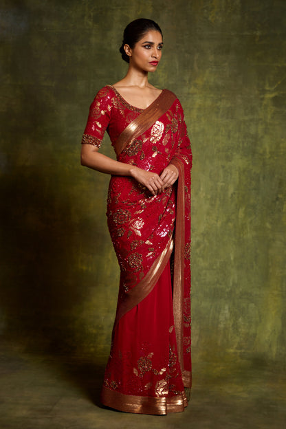 Sari Set in Signature Rose Sequin Embroidery