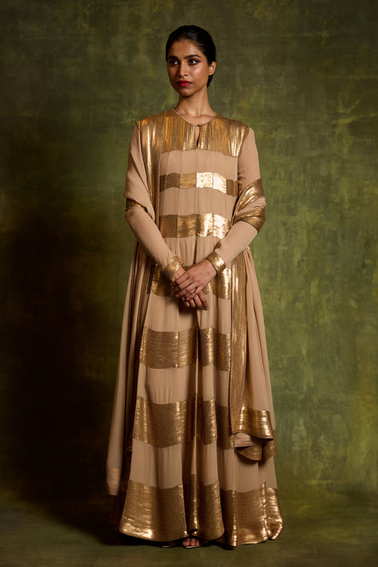 Anarkali Kurta Set in Gold Sequin Horizontal Design