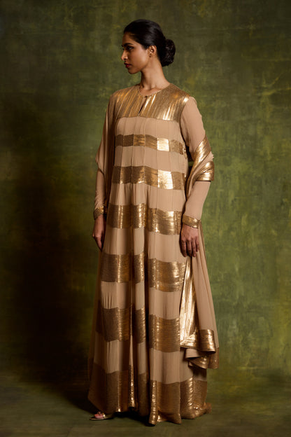 Anarkali Kurta Set in Gold Sequin Horizontal Design