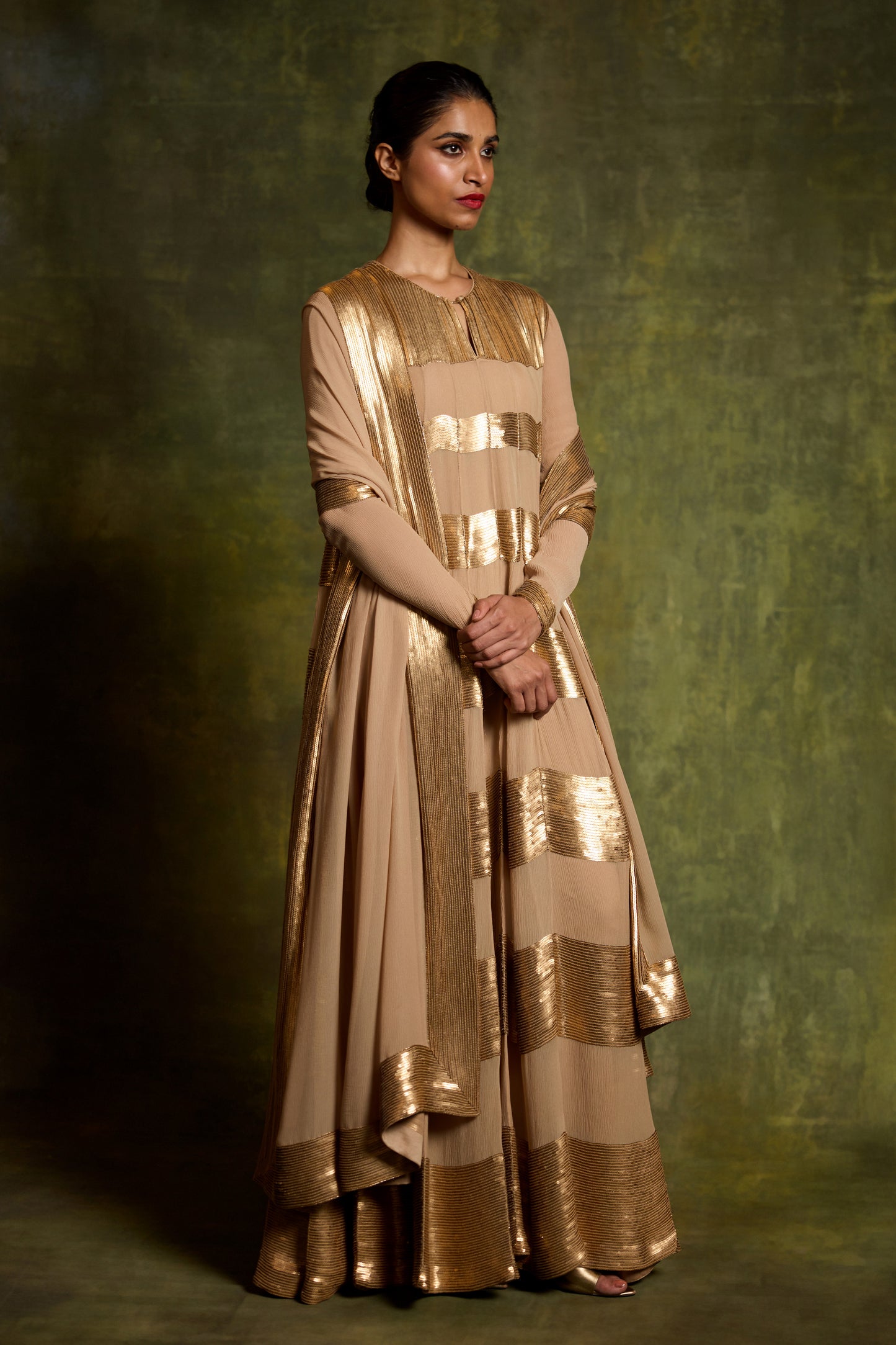 Anarkali Kurta Set in Gold Sequin Horizontal Design