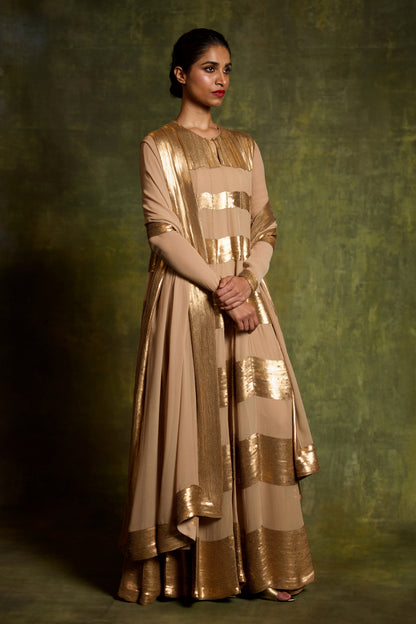 Anarkali Kurta Set in Gold Sequin Horizontal Design