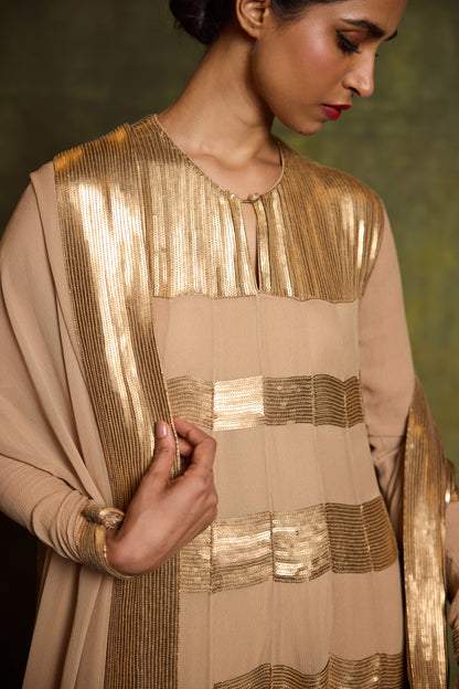 Anarkali Kurta Set in Gold Sequin Horizontal Design