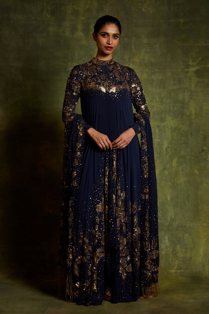 Asymmetric Kurta Set in Floral Sprinkle Embroidery