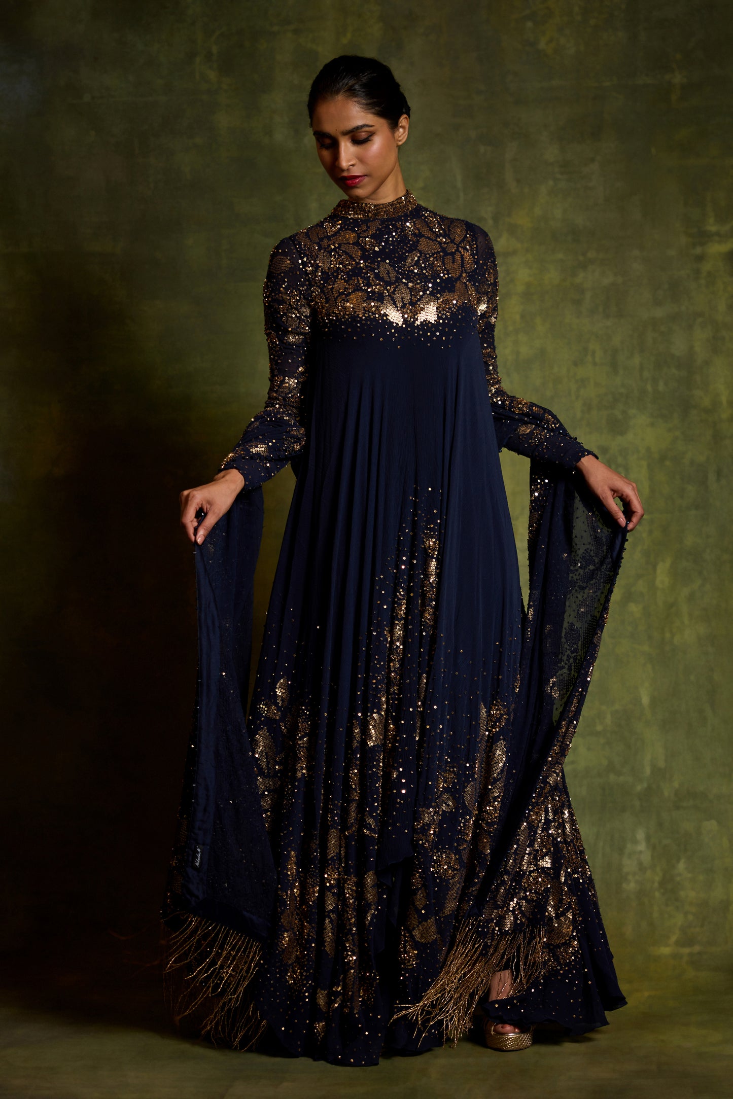 Asymmetric Kurta Set in Floral Sprinkle Embroidery