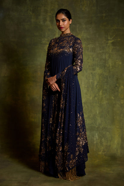 Asymmetric Kurta Set in Floral Sprinkle Embroidery