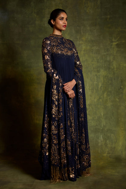 Asymmetric Kurta Set in Floral Sprinkle Embroidery