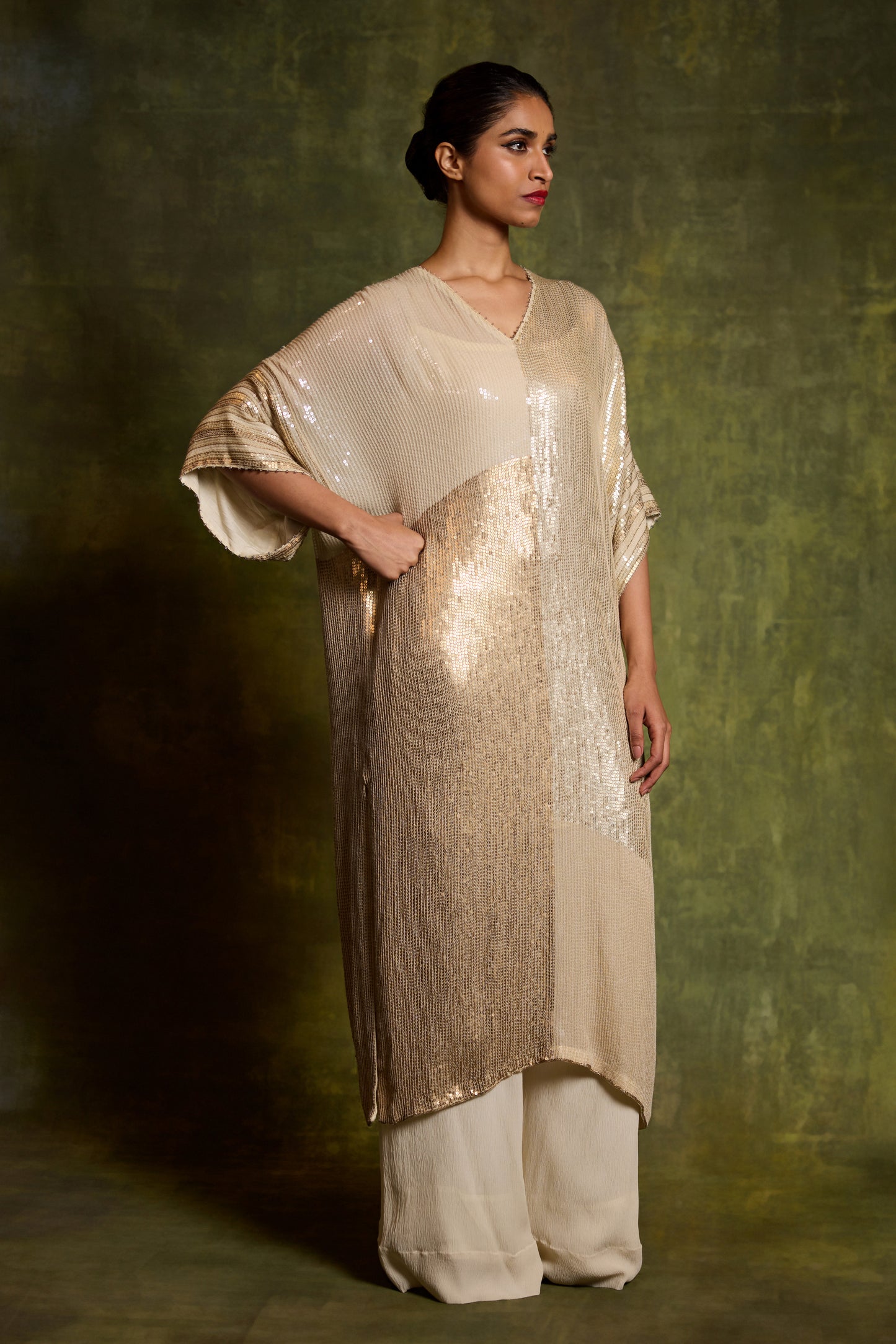 Kaftan Set in Colour Block Sequin Embroidery