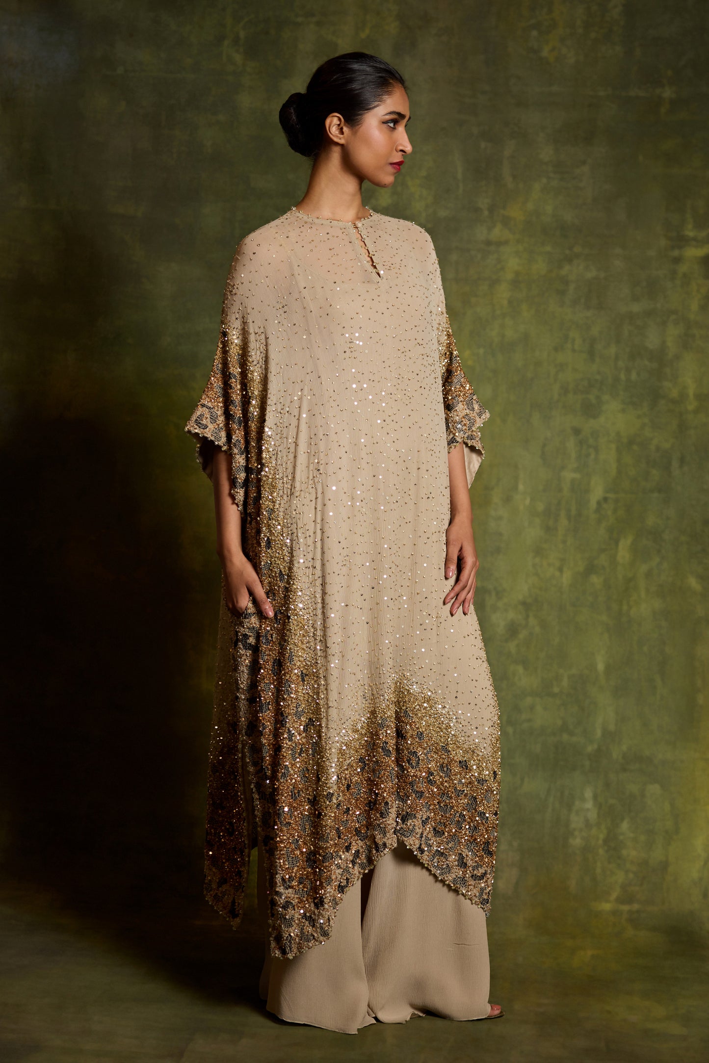 Kaftan Set in Sprinkle Sequin Embroidery in a Leopard Design Pattern