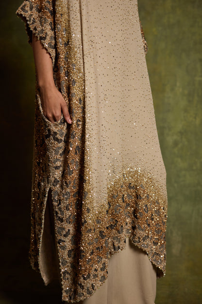 Kaftan Set in Sprinkle Sequin Embroidery in a Leopard Design Pattern