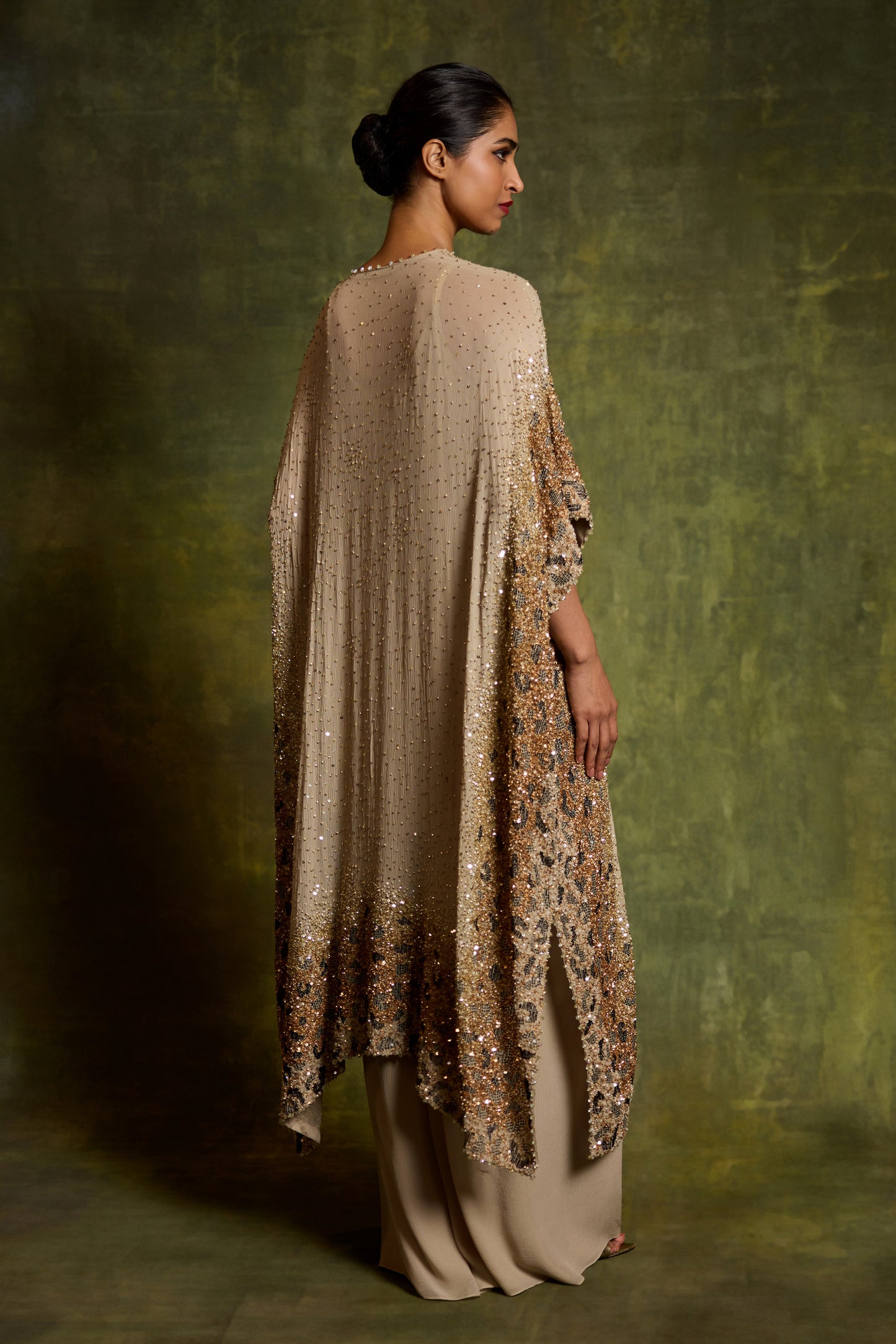 Kaftan Set in Sprinkle Sequin Embroidery in a Leopard Design Pattern