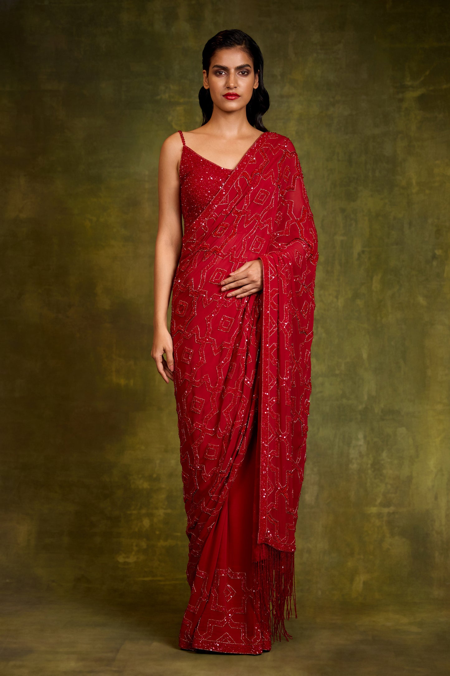 Sari Set in Mughal Grid Design in Tonal Sequin Embroidery
