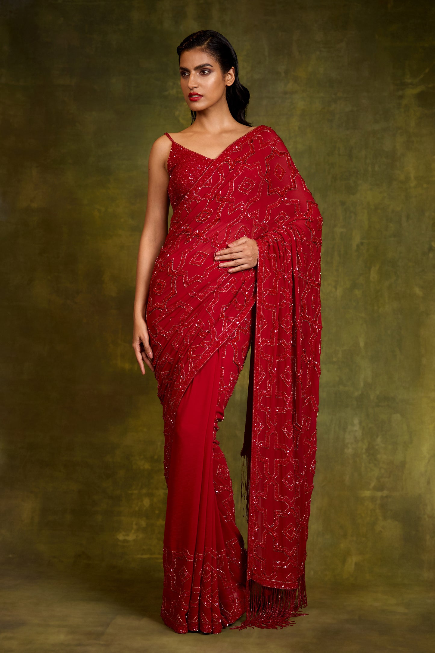 Sari Set in Mughal Grid Design in Tonal Sequin Embroidery