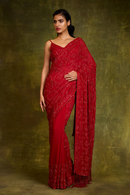 Sari Set in Mughal Grid Design in Tonal Sequin Embroidery
