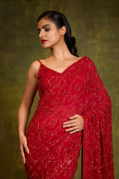Sari Set in Mughal Grid Design in Tonal Sequin Embroidery