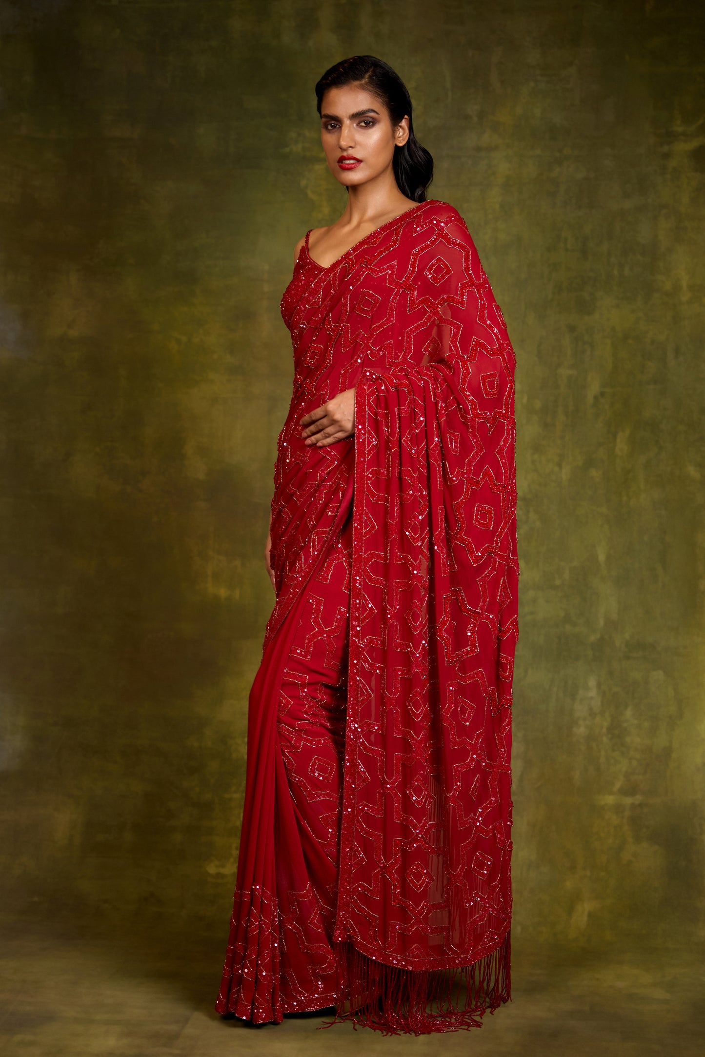 Sari Set in Mughal Grid Design in Tonal Sequin Embroidery