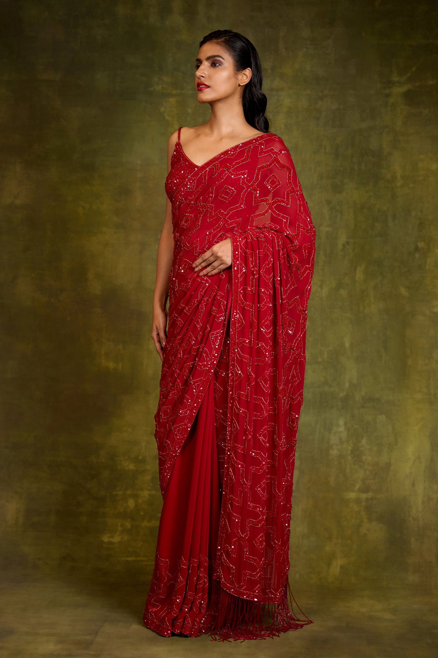 Sari Set in Mughal Grid Design in Tonal Sequin Embroidery