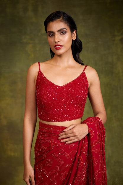 Sari Set in Mughal Grid Design in Tonal Sequin Embroidery