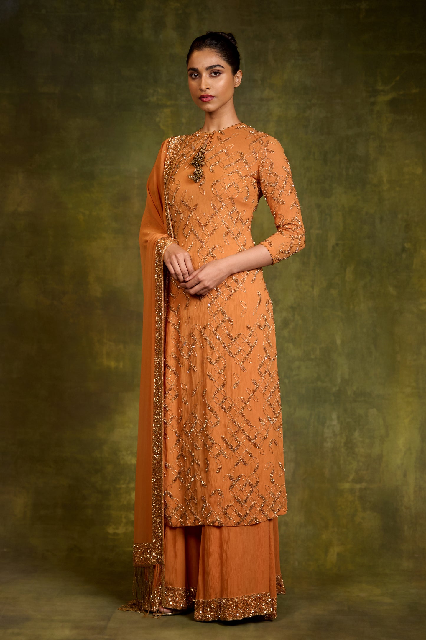 Kurta Set in Petal Grid Design in Sequin and Cutdana Embroidery