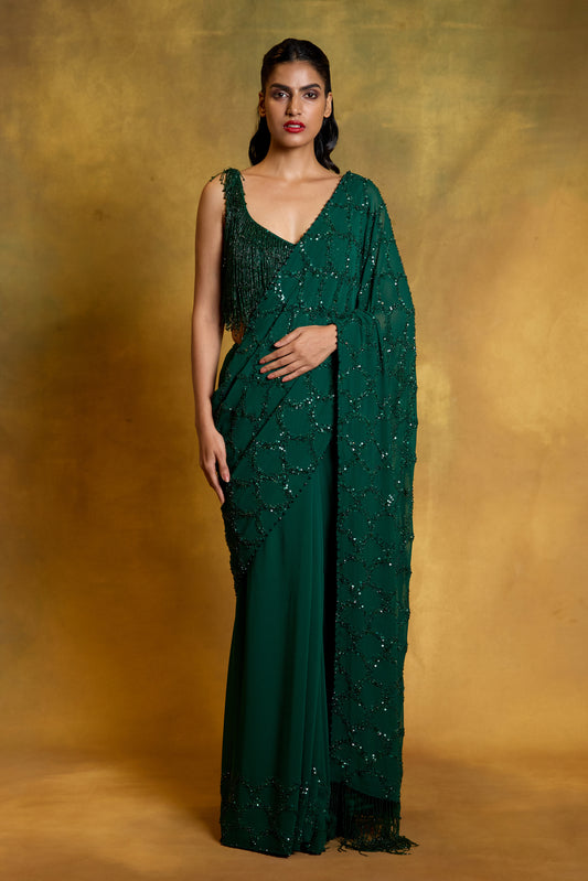 Sari Set in Fish Scale Design in Tonal Sequin Embroidery